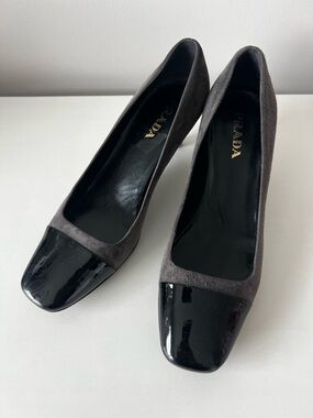 Prada Two-Tone Suede and Patent Leather Pumps in Gray and Black